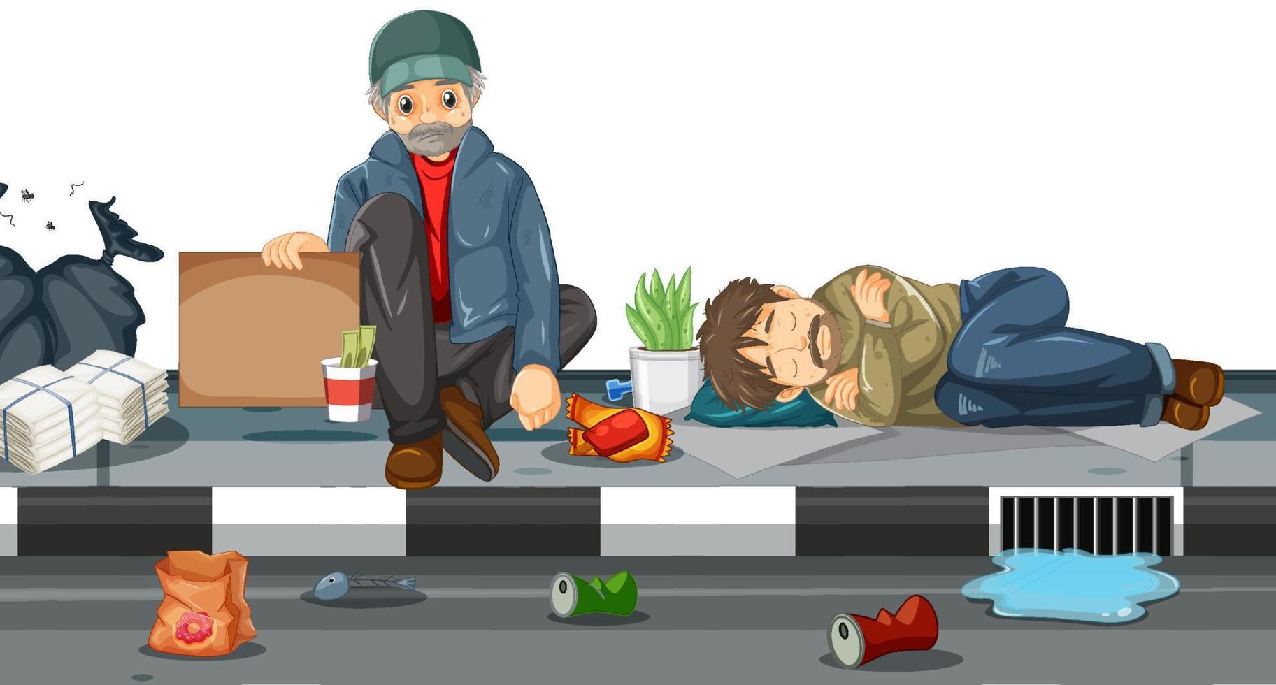 Homeless people on street with garbage vector