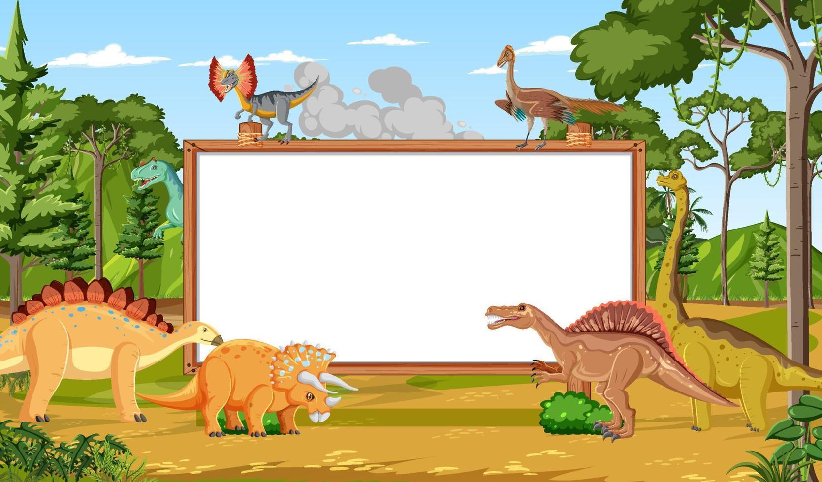 Nature scene with trees on mountains with sign board and dinosaur vector