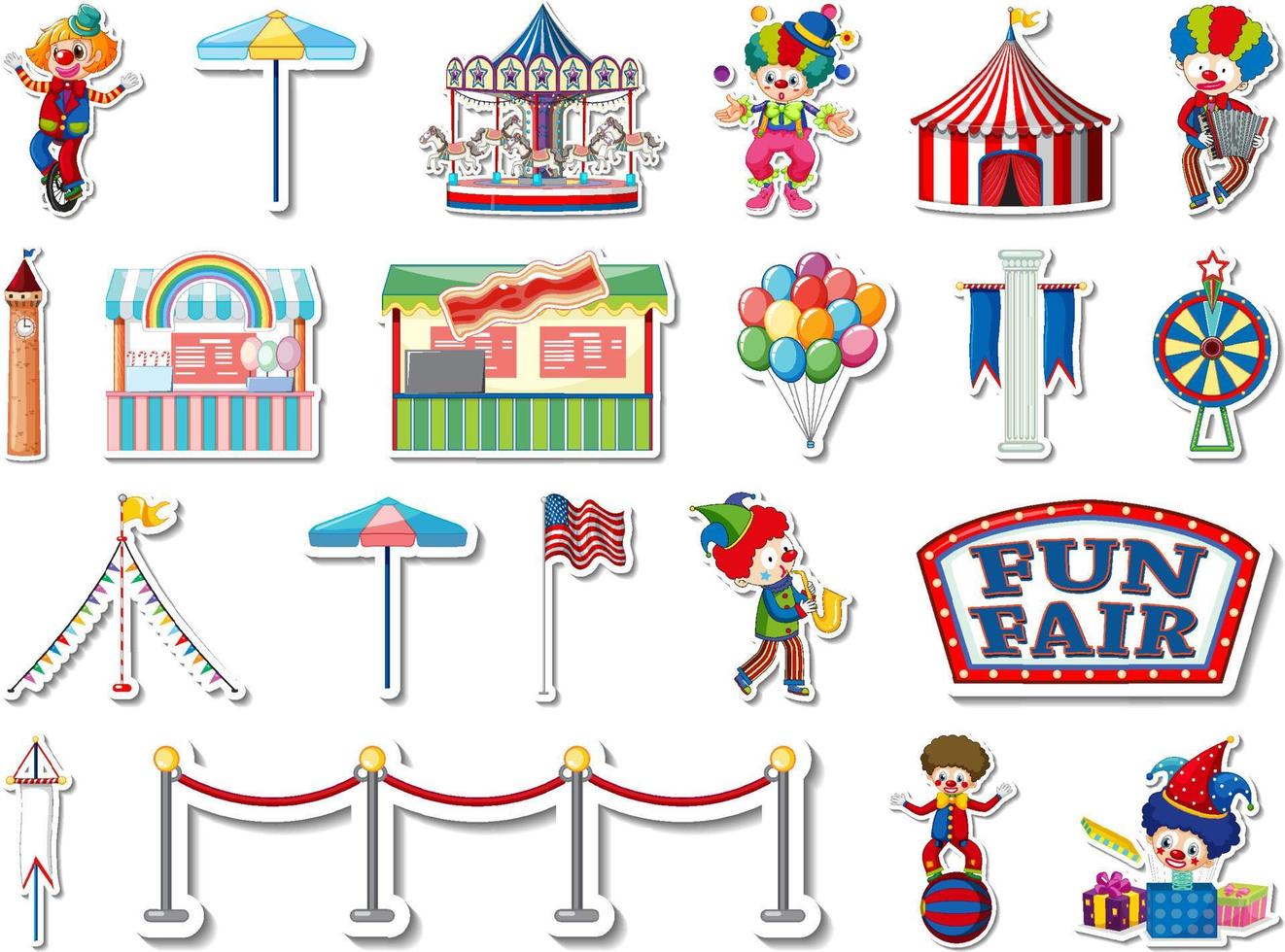 Sticker set of amusement park and fun fair objects vector