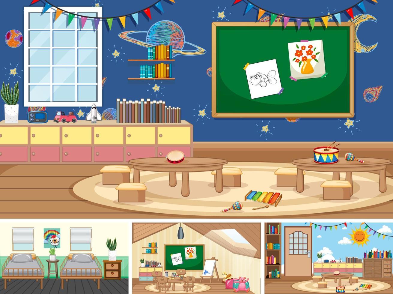 Set of different kindergarten classroom scenes vector