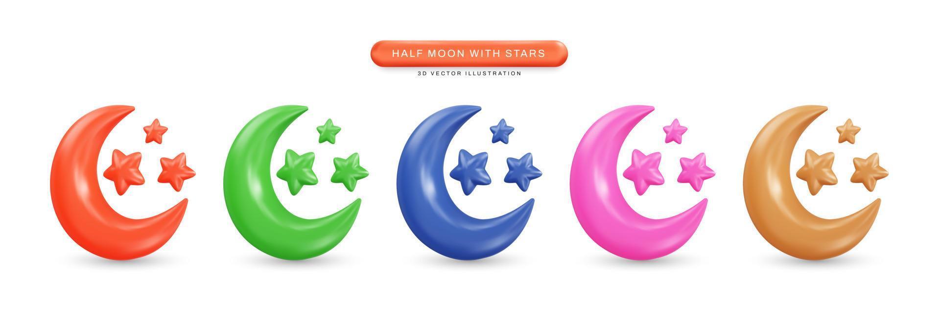 Half moon with stars realistic 3d vector illustration