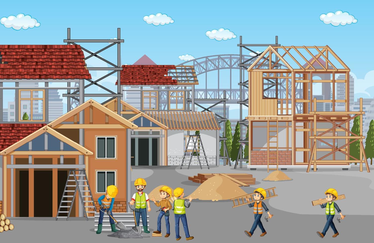 Building construction site with workers vector