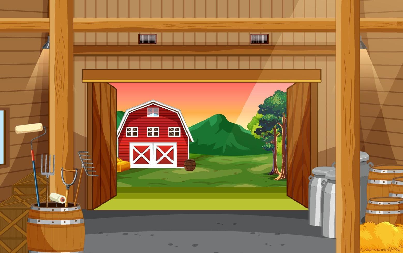 Barn indoor scene with farm animals vector