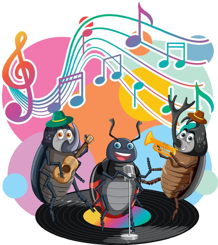 Group of beetle playing music together vector