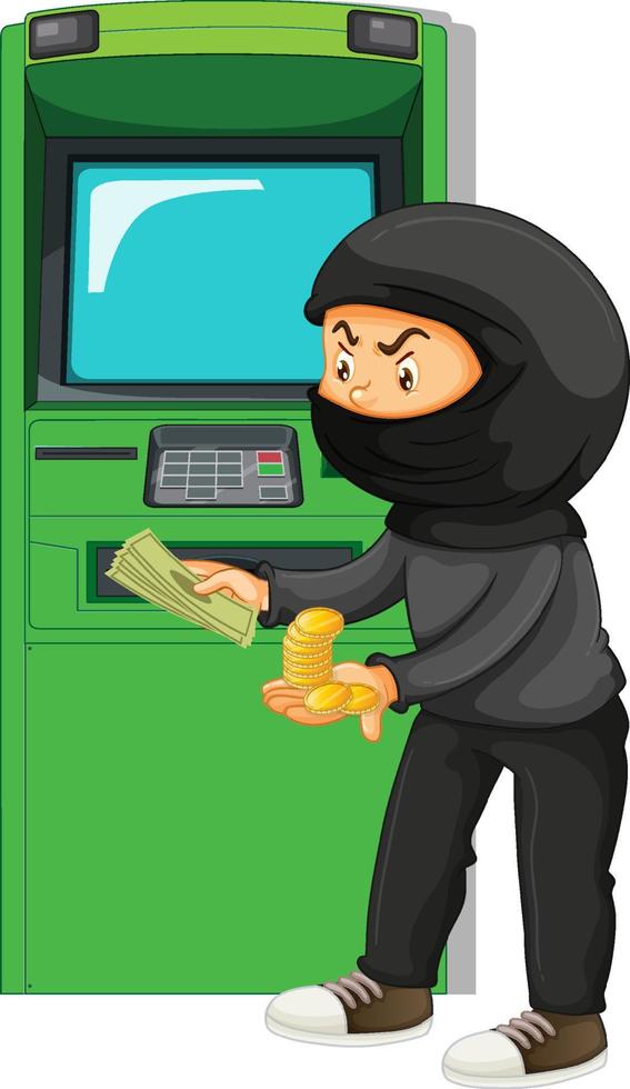 Thief stealing money from atm machine vector