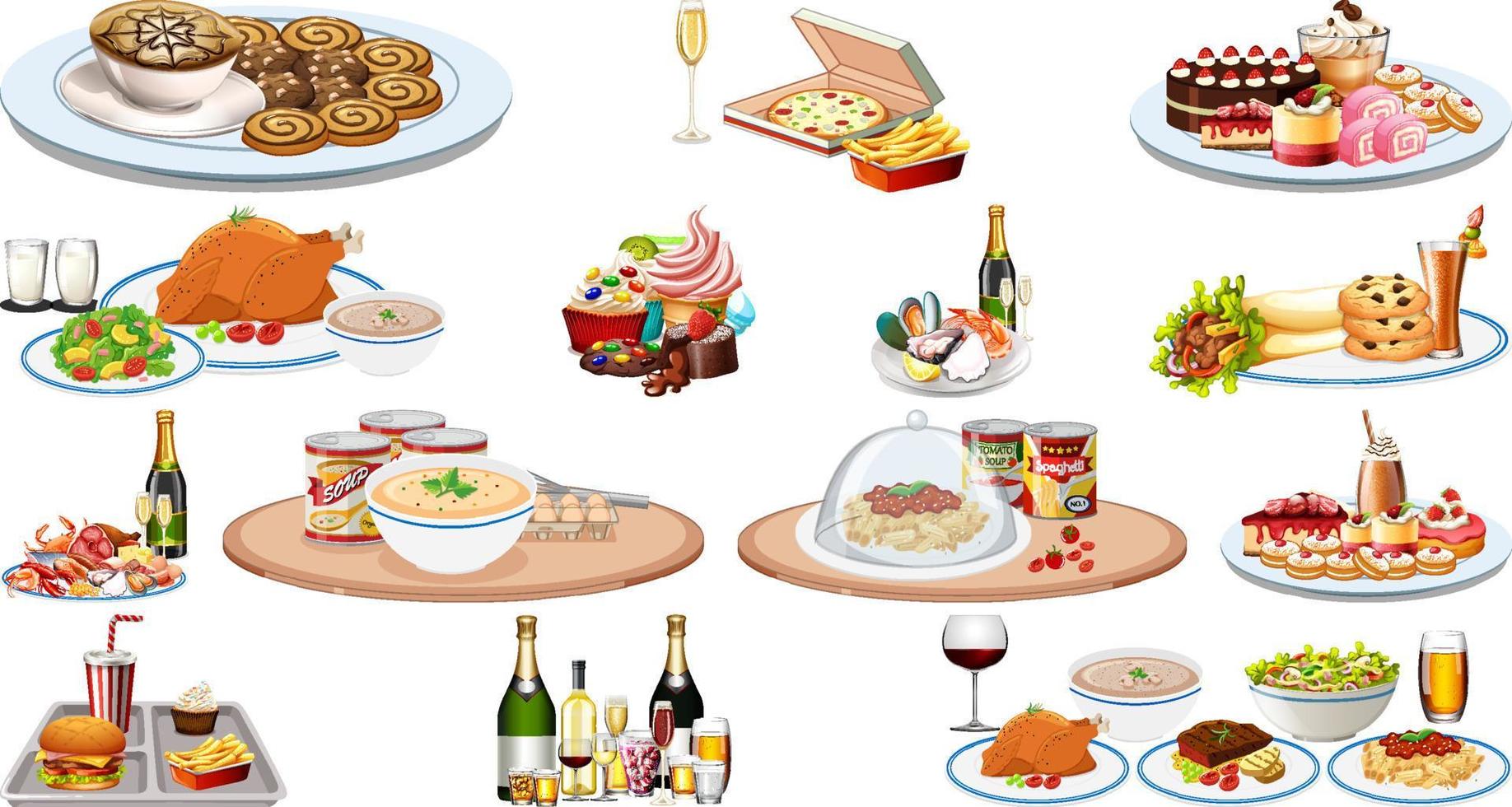 Set of different foods and beverages vector