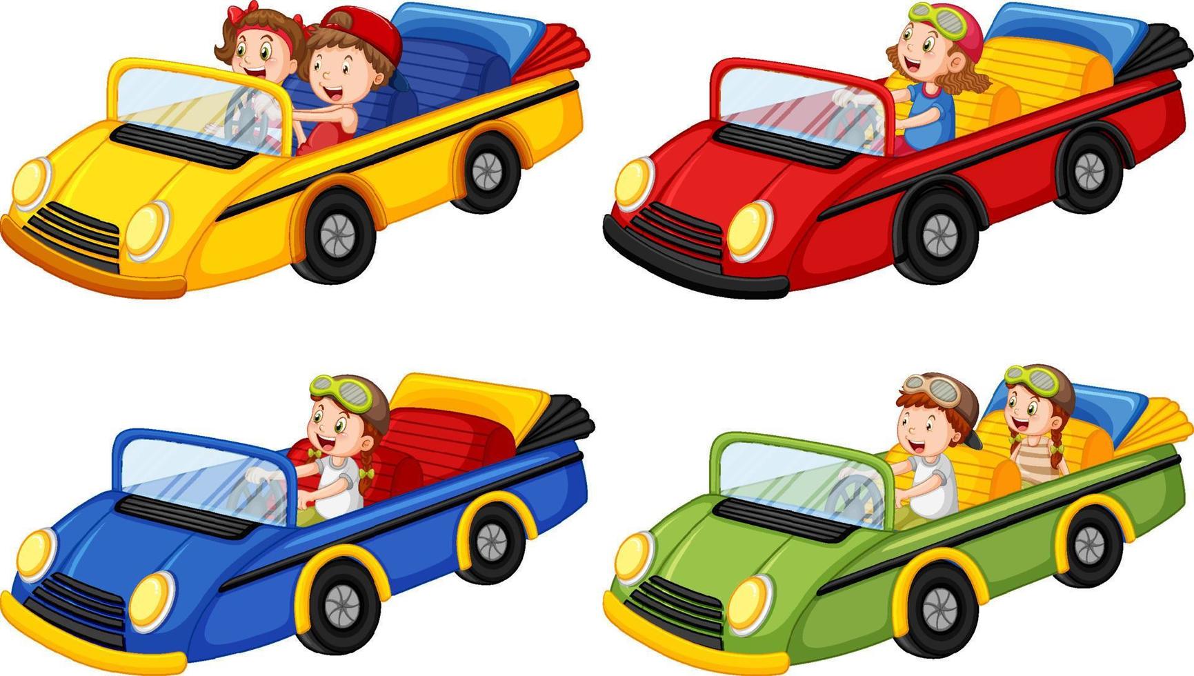 conjunto de diferentes niños con autos convertibles vector