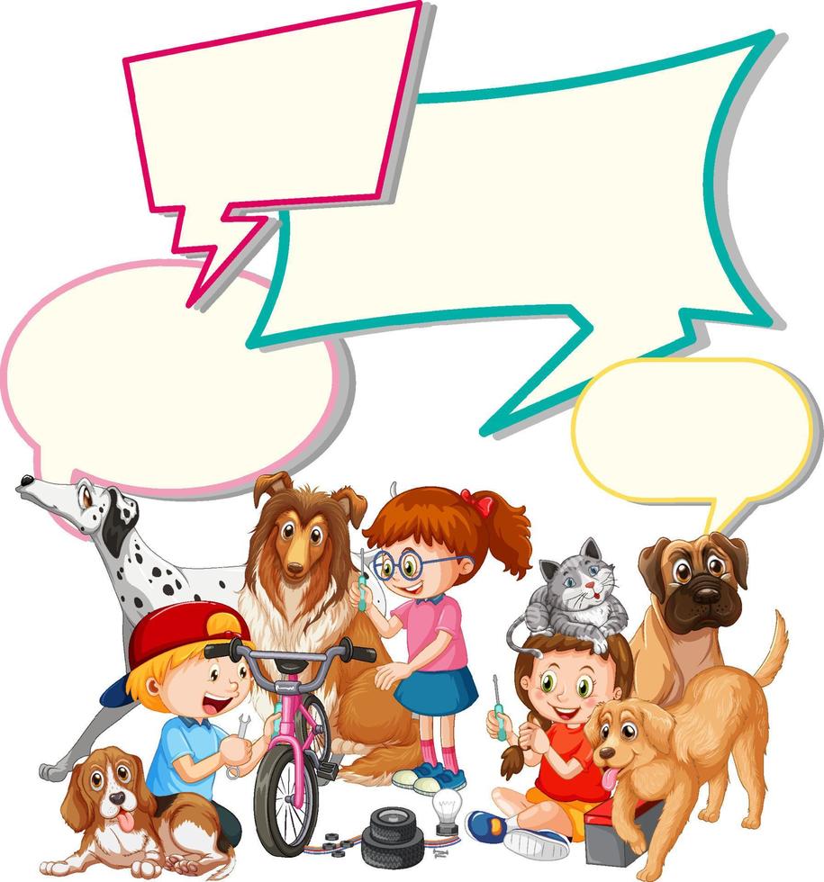 plantilla de burbujas de discurso con niños y mascotas vector