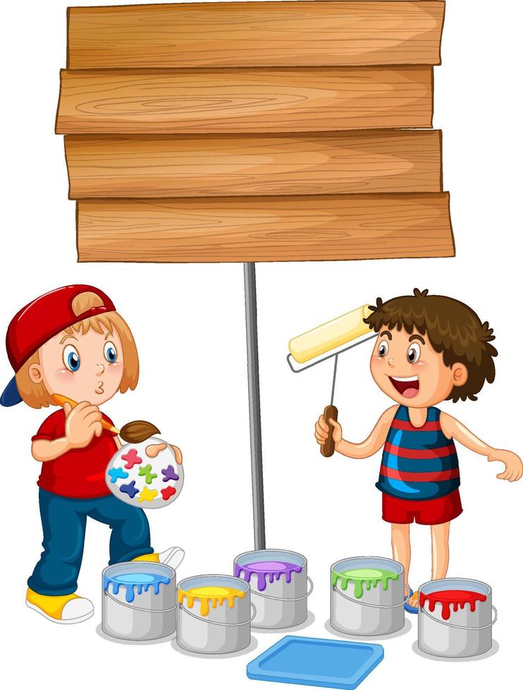 Two kids painting wooden sign vector