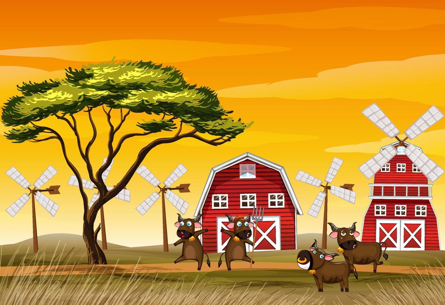 escena de la granja con vacas felices vector