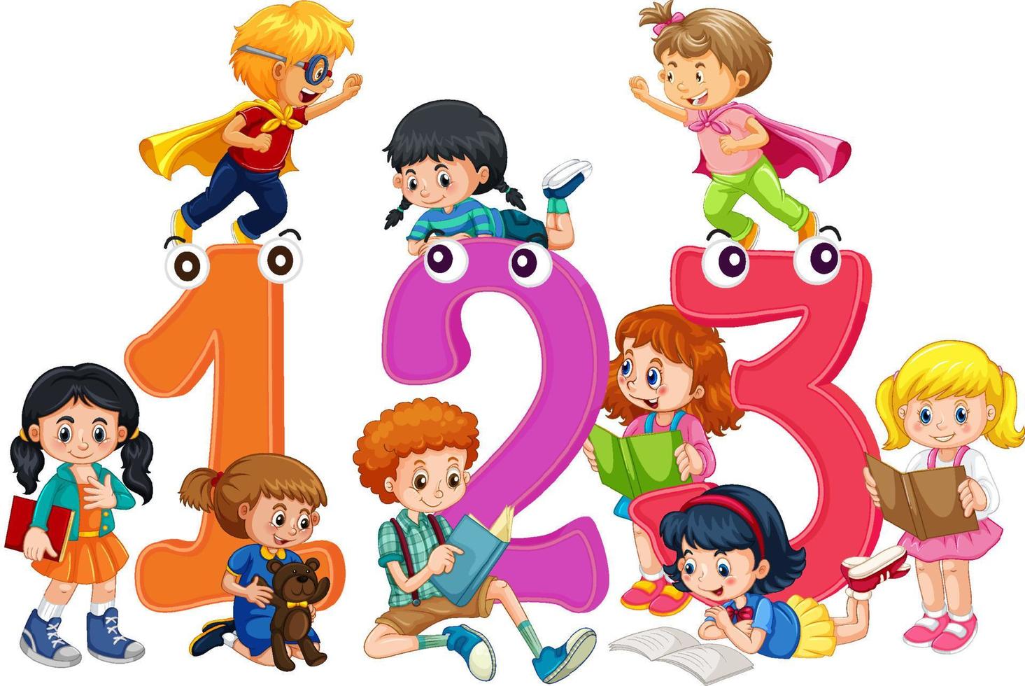 A children are playing and reading books in scene with Number on white background vector