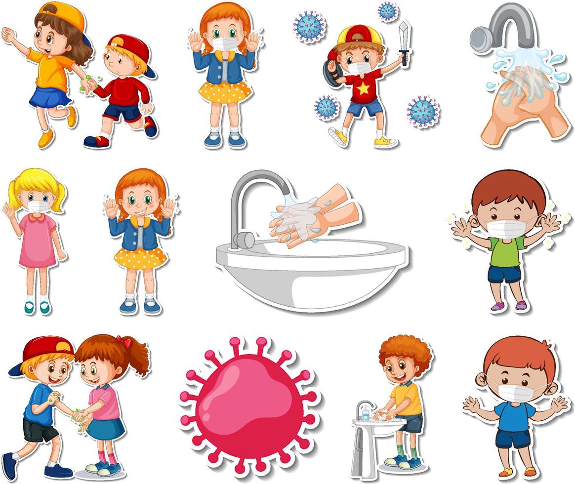 Sticker set of covid19 icons and cartoon characters vector