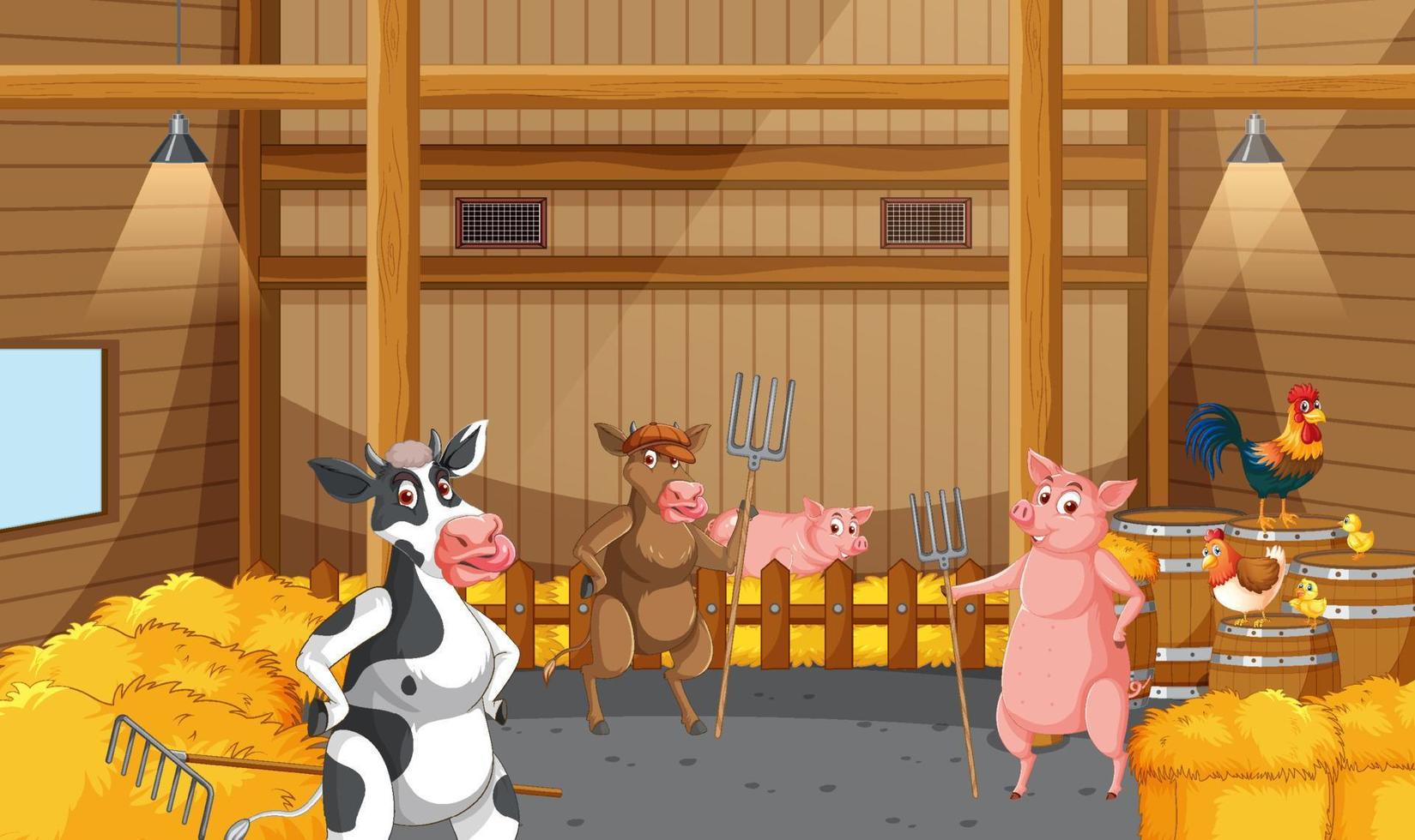 Barn indoor scene with farm animals vector