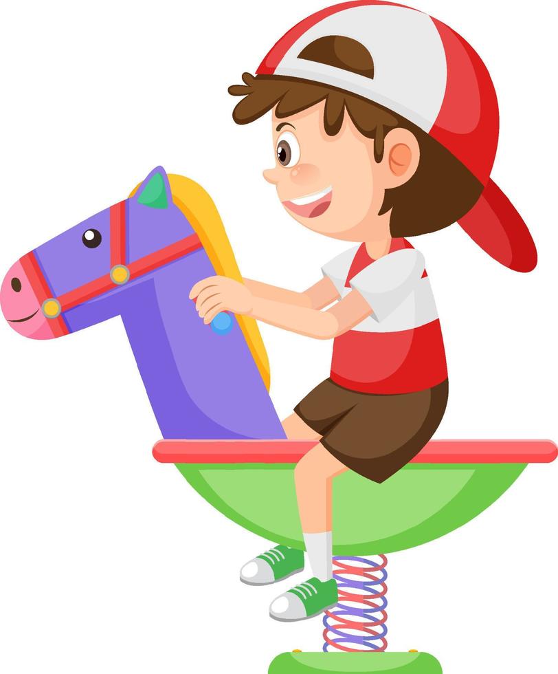 niño de dibujos animados montando en caballo mecedora de primavera vector
