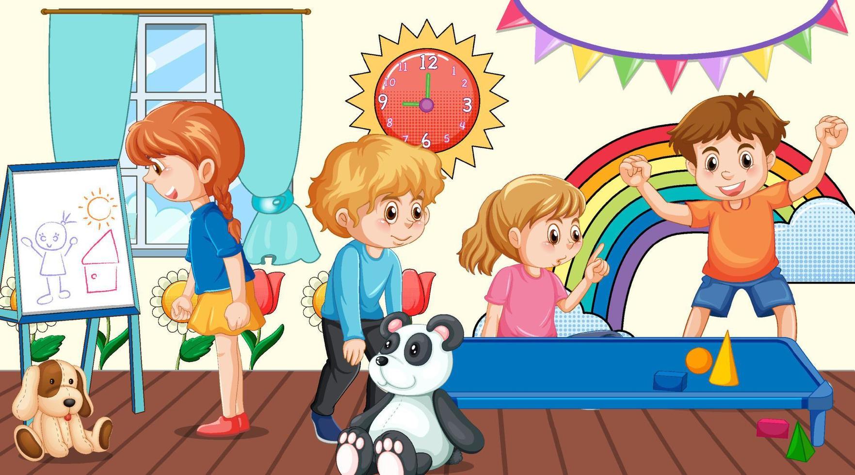 Kindergarten classroom scene with children vector