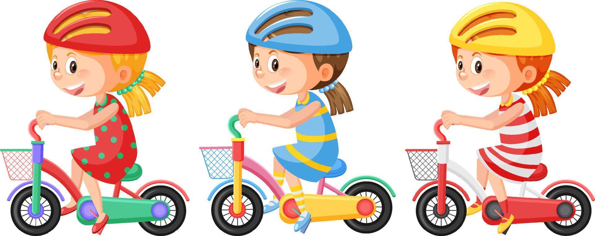 conjunto de niña montando bicicleta con casco vector