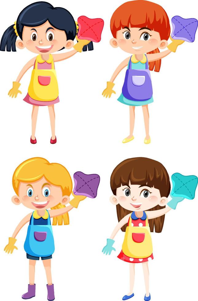 Set of different four girls in housekeeping outfits vector