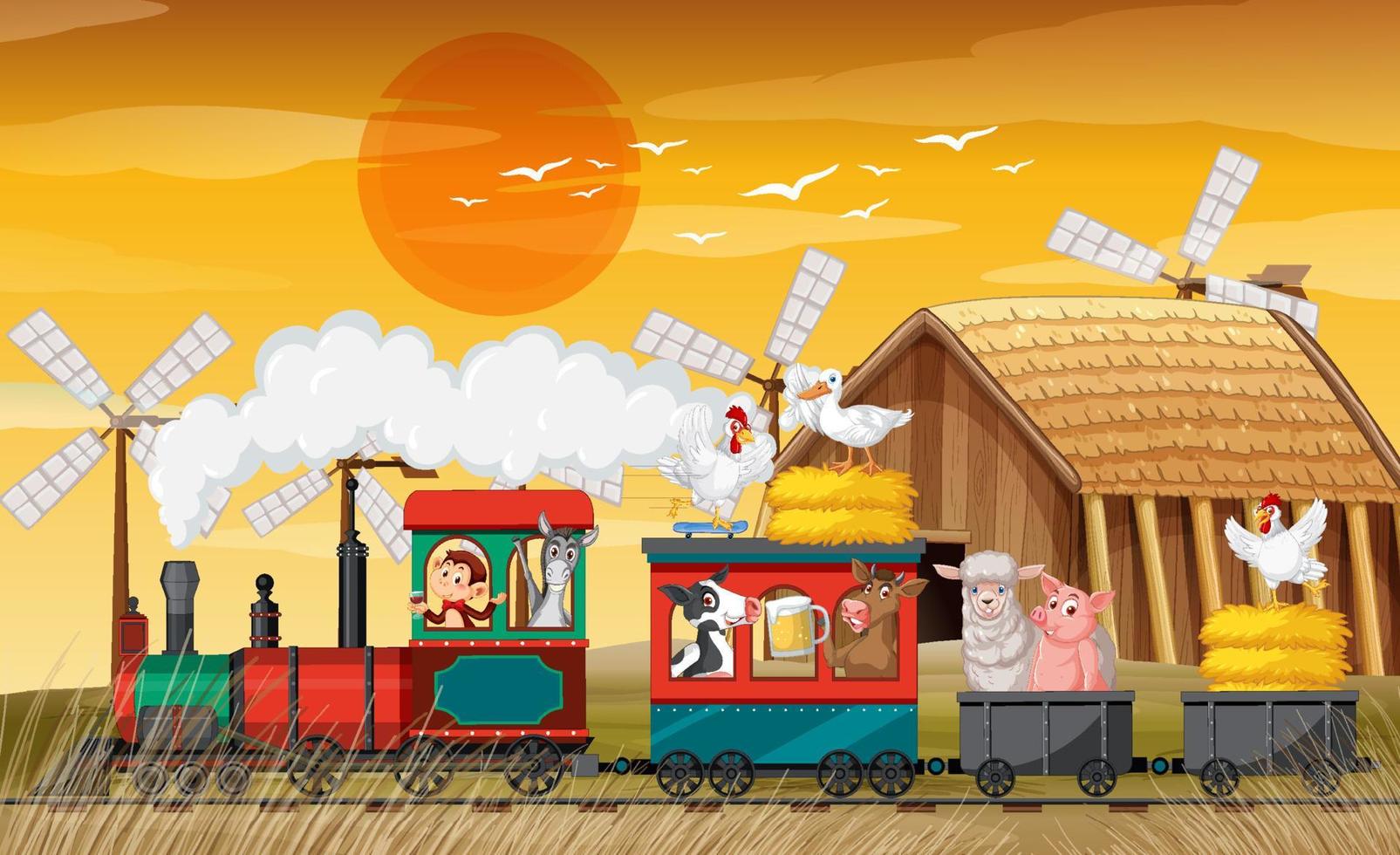 Train riding with animals at sunset vector