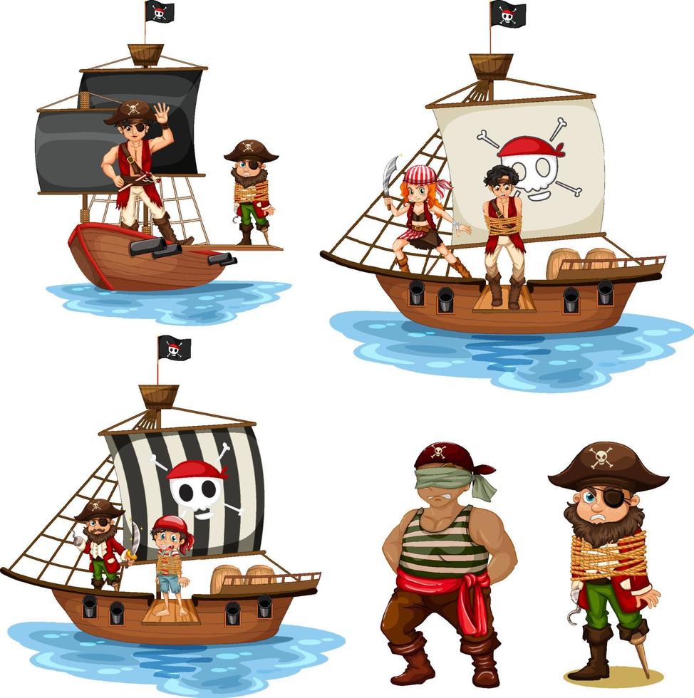 conjunto de diferentes personajes de dibujos animados de piratas vector