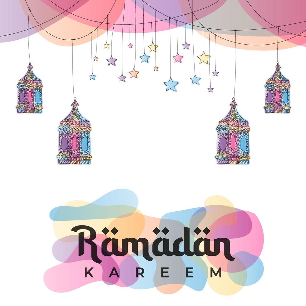 Ramadan greeting card or banner background. Hand drawn lanterns and stars. Ramadan Kareem hand drawn decoration background. Vector design for muslim ramadan holiday. Vector illustration