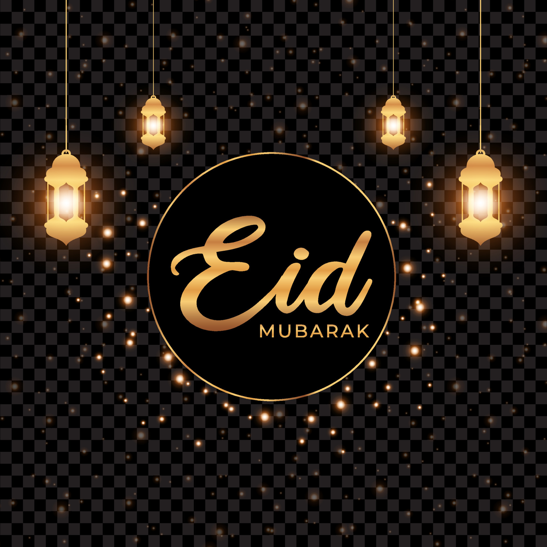 Eid mubarak greeting card. Golden lanterns and stars on black background.  Vector illustration 7498649 Vector Art at Vecteezy