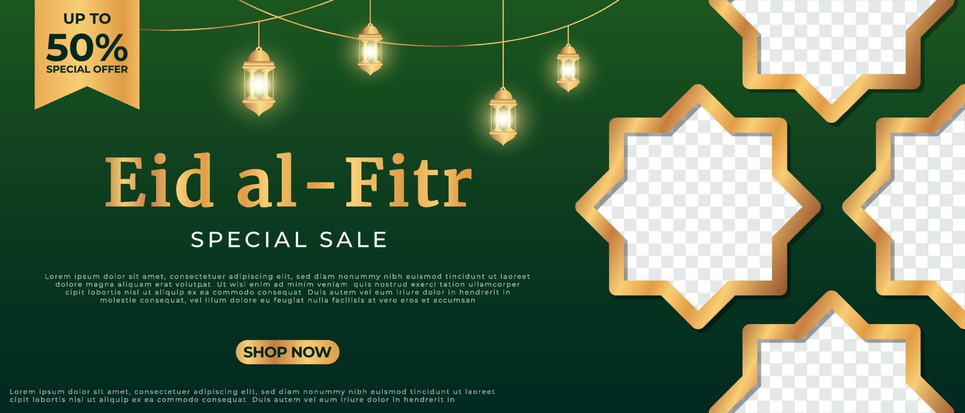 Eid al Fitr Special Sale. Sale Islamic Ornament Lantern Banner Template. Suitable for social media post and web header. Vector illustration
