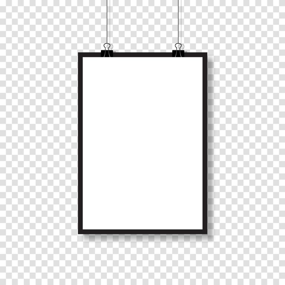 Realistic blank white paper hanging on clip. Mockup template. Vertical empty sheet with shadow. Vector illustration