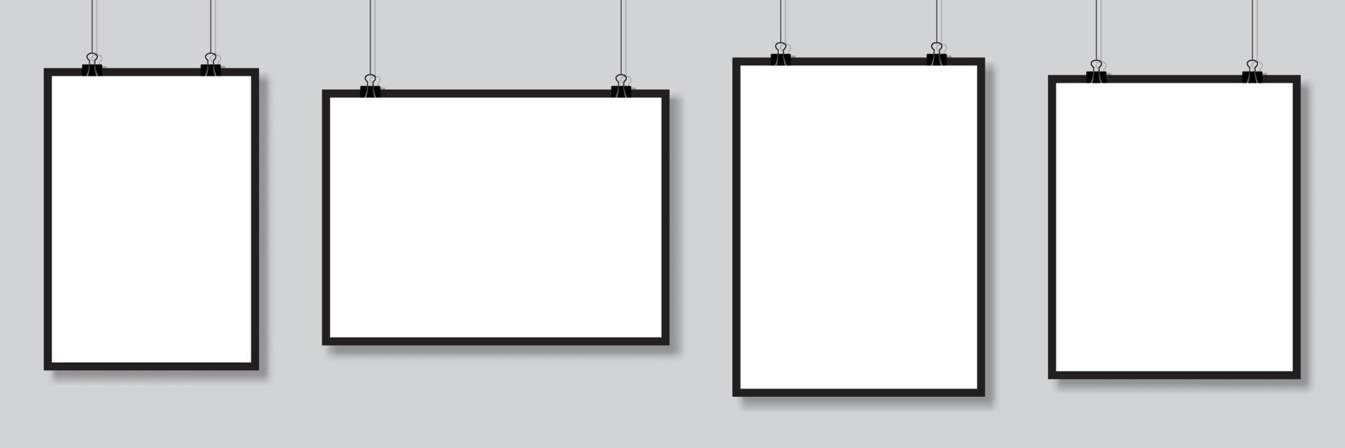 Set of mockups hanging on the wall. Vector poster mockup with white frame. Realistic empty banner. Vector illustration