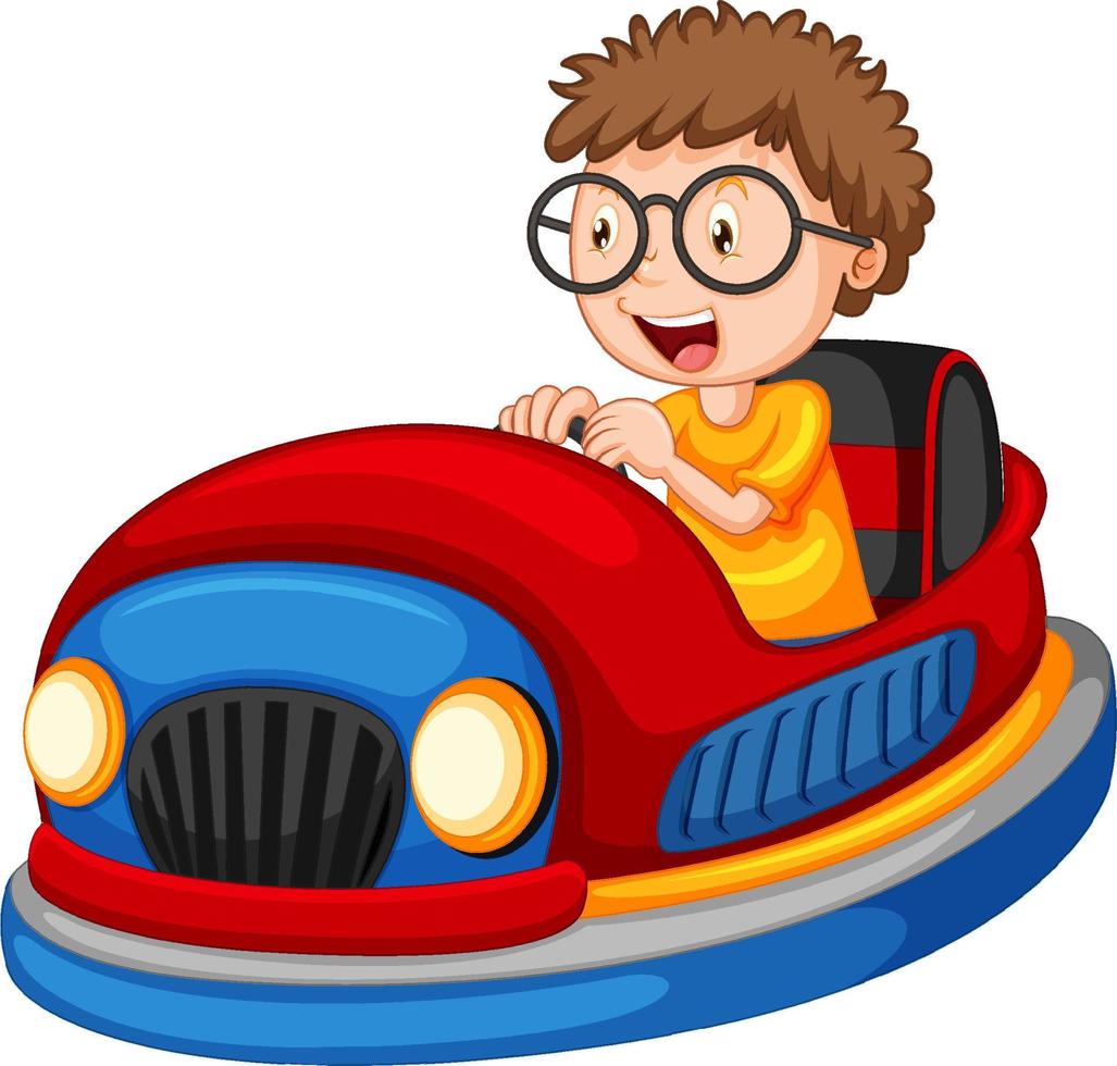 un niño conduciendo un auto chocador con fondo blanco vector