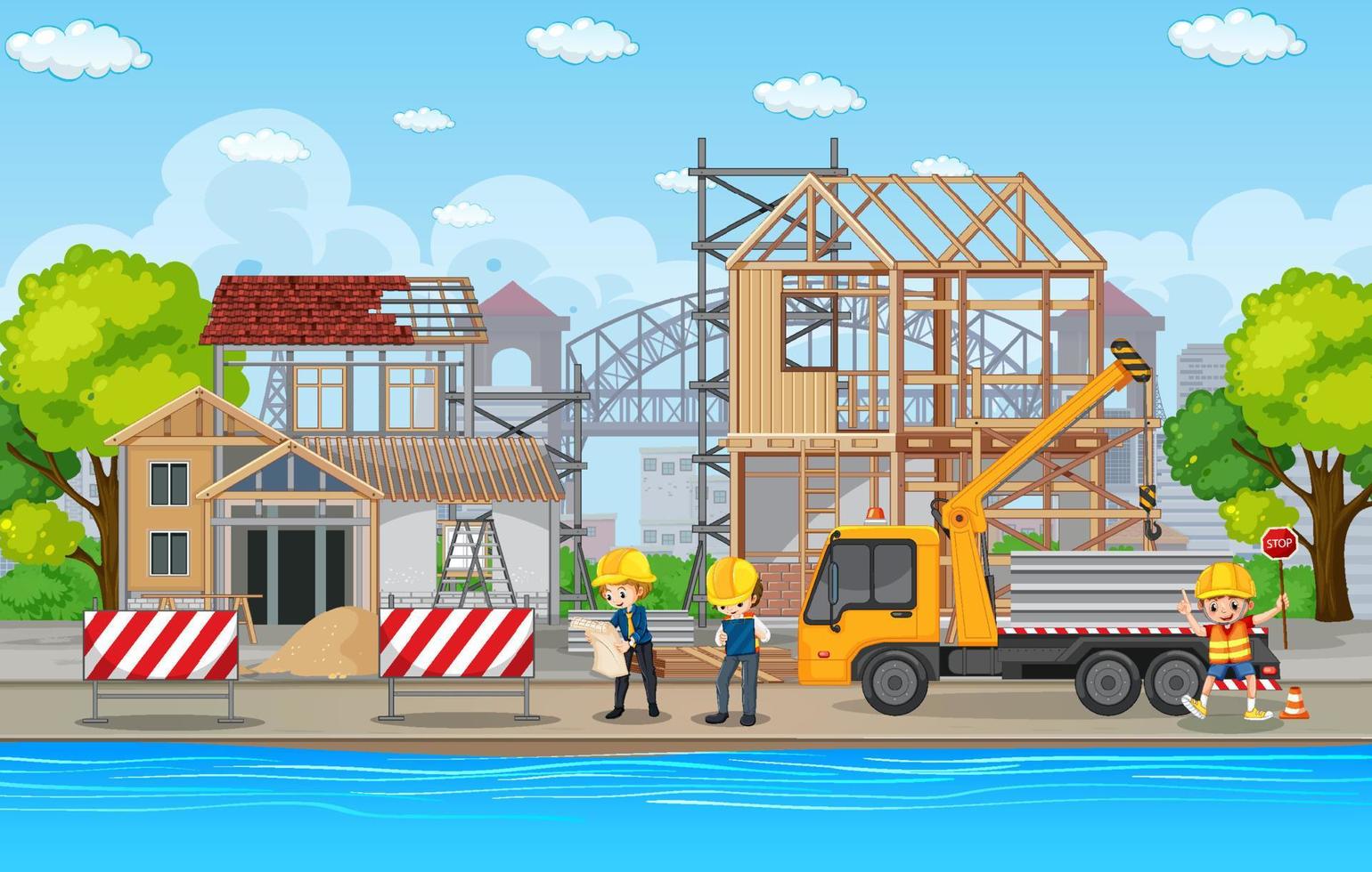 Building construction site and workers vector