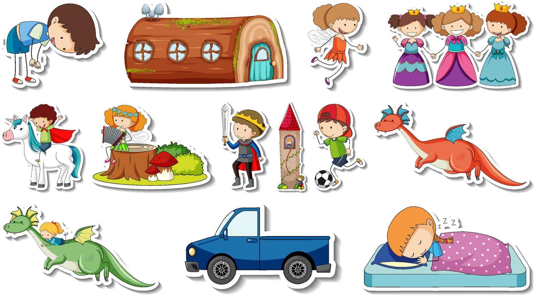 Sticker set of fantasy fairy tale cartoon characters vector