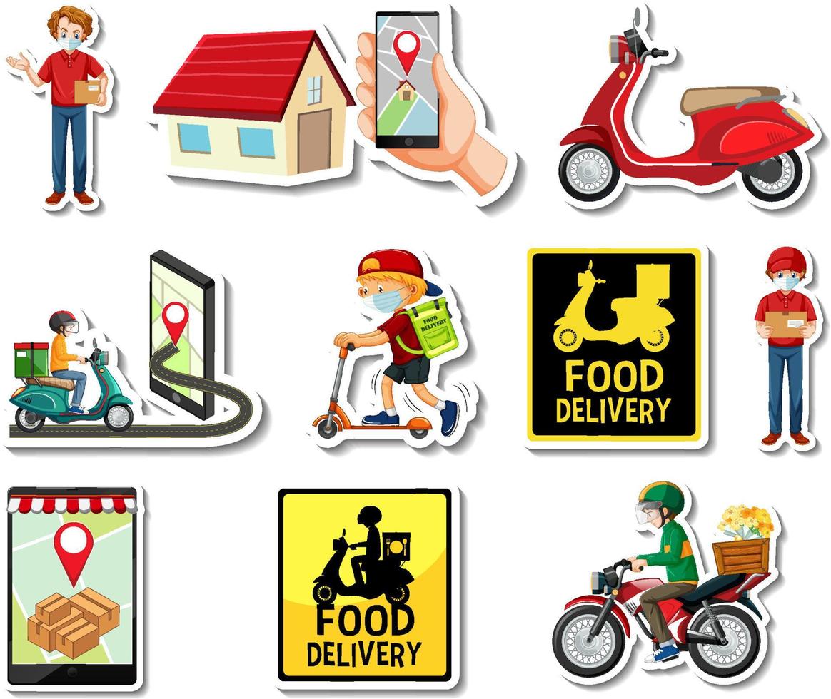 Sticker set of delivery objects and cartoon characters vector