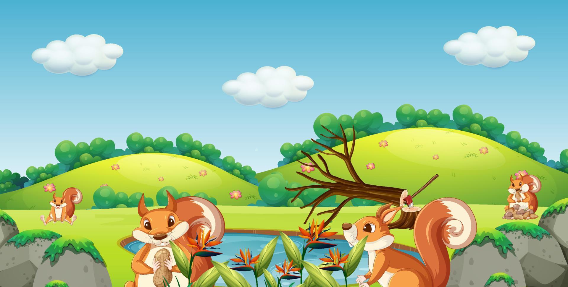 Scene with many squirrels in the park vector