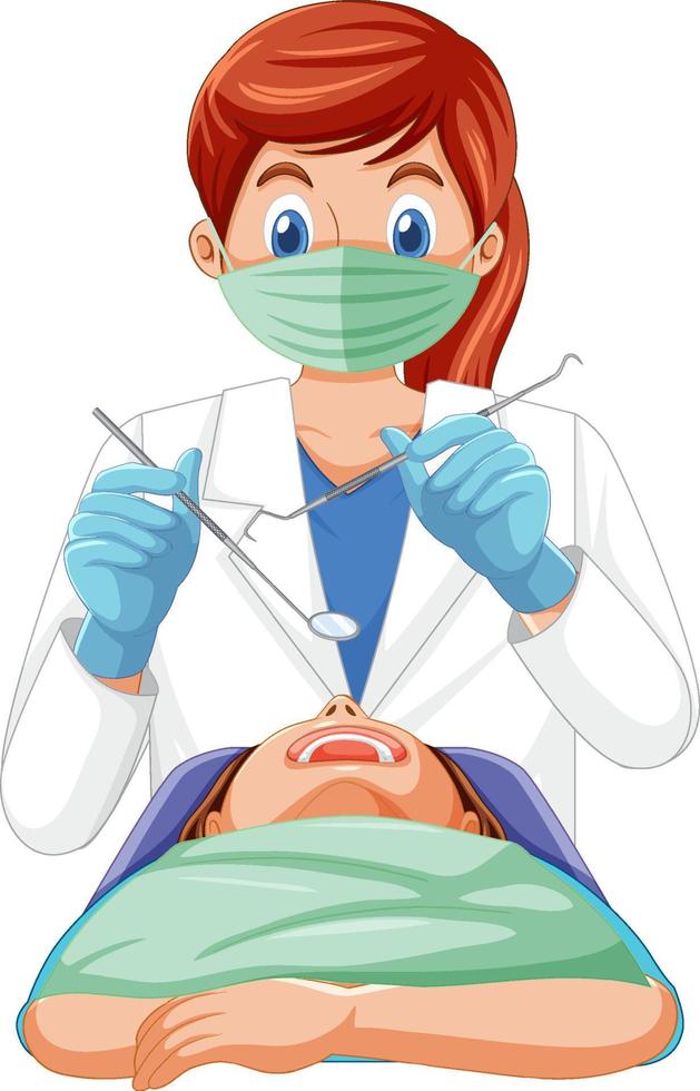 dentista sosteniendo instrumentos examinando los dientes del paciente vector