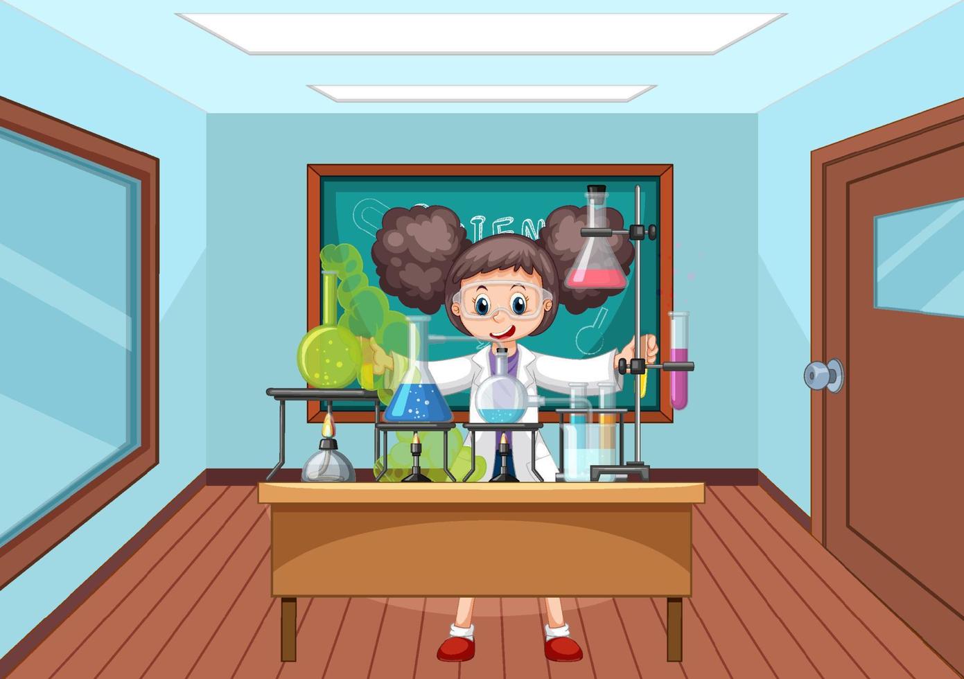 Classroom scene with scientist doing experiment vector