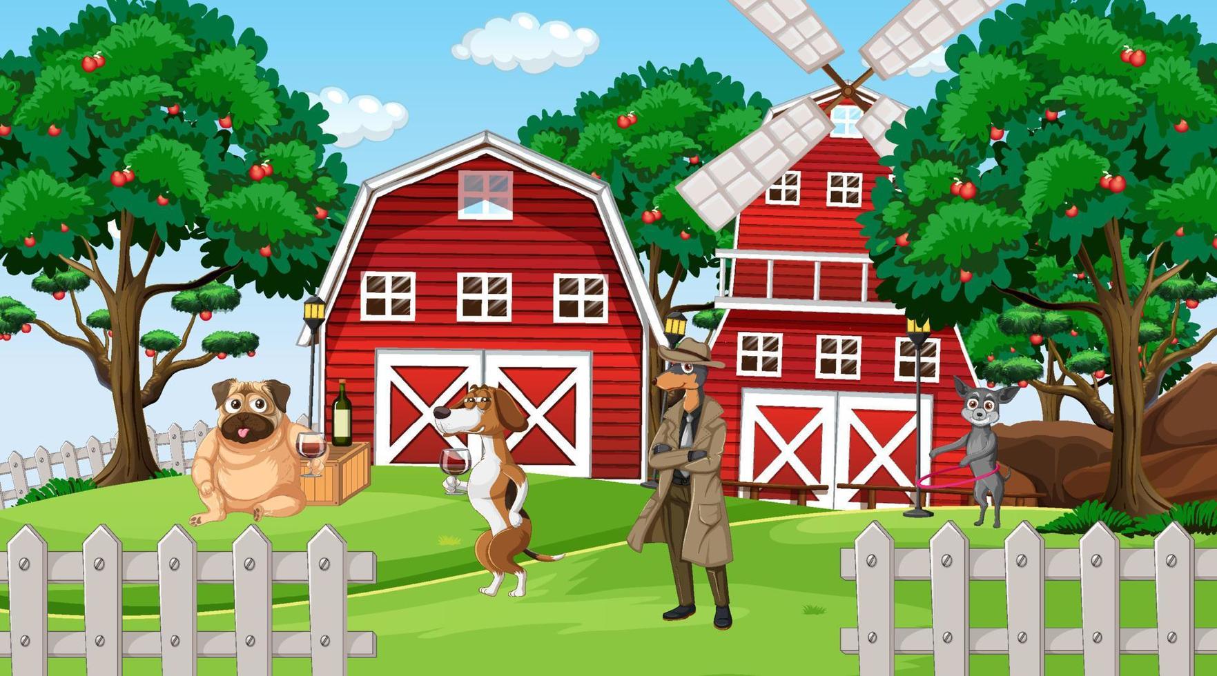 escena de la granja al aire libre con perros de dibujos animados vector