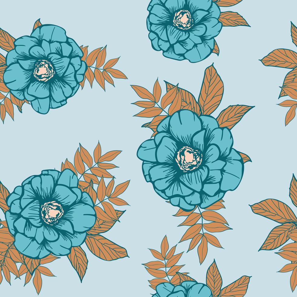 Anemone flowers and leaves seamless pattern background. Tropical nature wrapping paper or textile design. Beautiful print with hand-drawn exotic plants. vector
