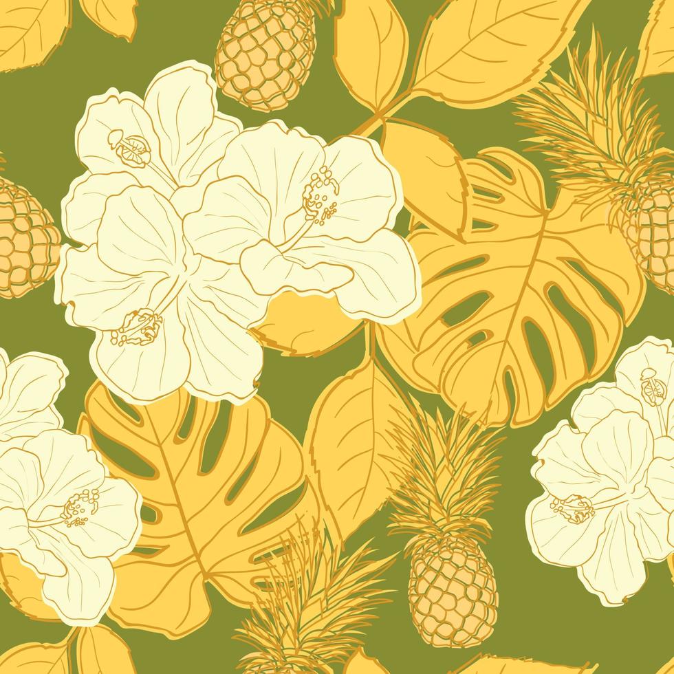 Tropical hibiscus, palm leaves, monstera, pineapple seamless pattern background. Exotic jungle wrapping paper. Beautiful print with hand drawn exotic plants. Summer design for fashion, print vector
