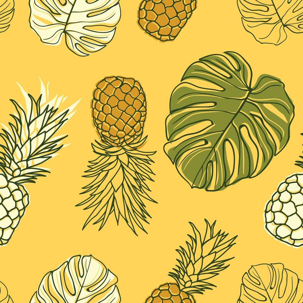 Tropical floral leaves, palm leaves, monstera, pineapple seamless pattern background. Exotic jungle wrapping paper. Beautiful print with hand drawn exotic plants. Summer design for fashion, print vector