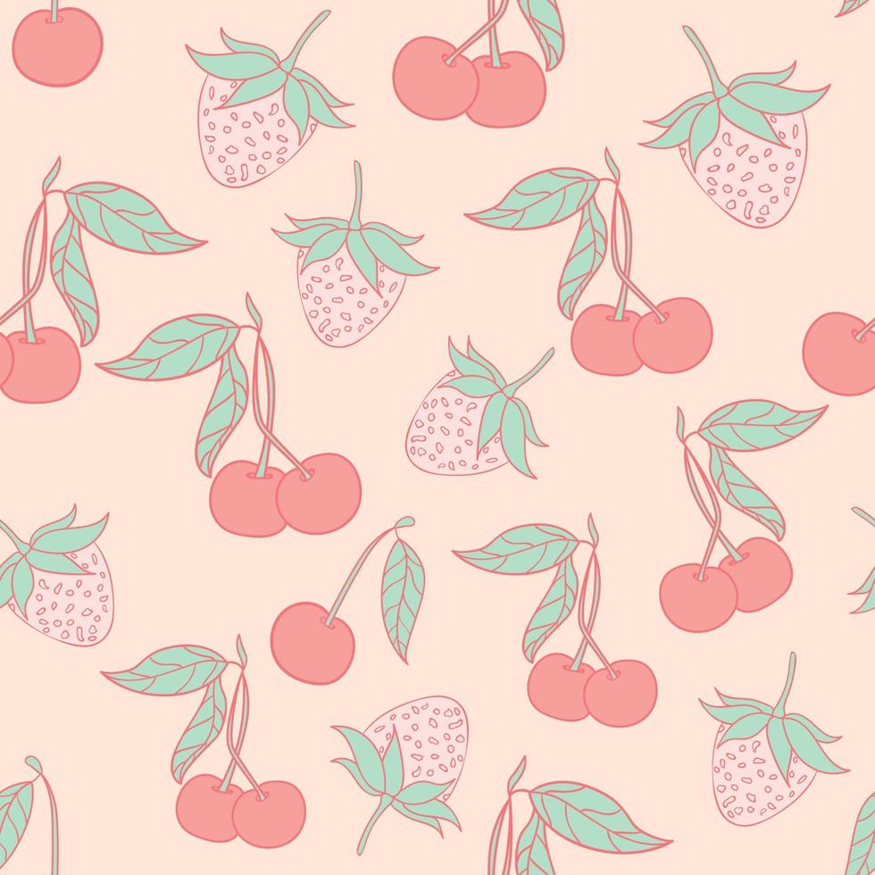 diseño de patrones sin fisuras de cereza y fresa. hermoso diseño de patrones sin fisuras de bayas tropicales. frutas tropicales y hojas de fondo transparente. vector