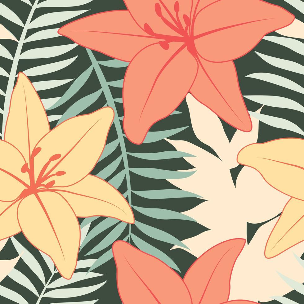 Beautifull tropical lily flowers and leaves seamless pattern design. Tropical leaves, monstera leaf seamless floral pattern background. Trendy brazilian illustration vector