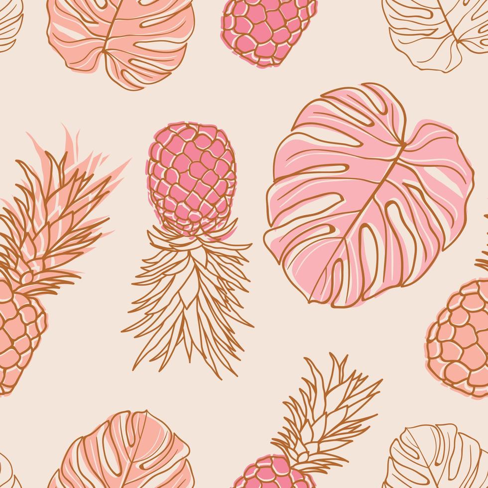 Tropical floral leaves, palm leaves, monstera, pineapple seamless pattern background. Exotic jungle wrapping paper. Beautiful print with hand drawn exotic plants. Summer design for fashion, print vector