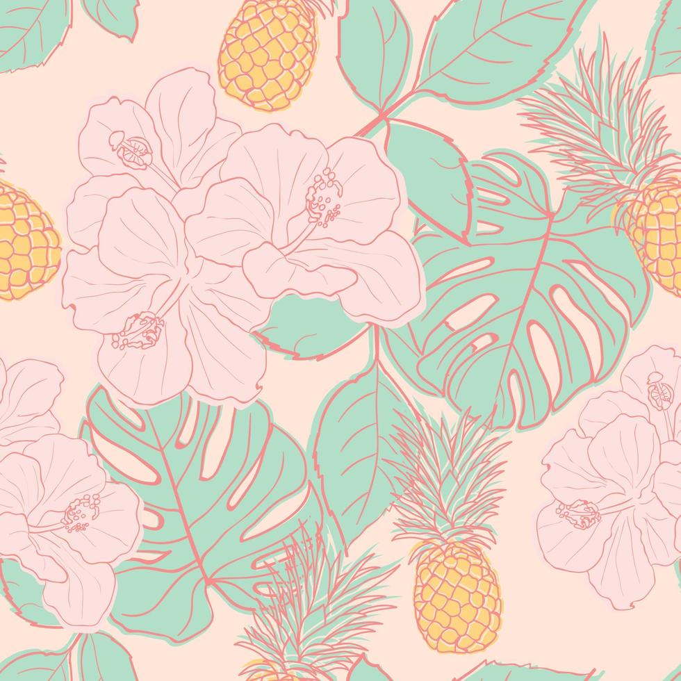 hibisco tropical, hojas de palma, monstera, fondo transparente de piña. papel de regalo de selva exótica. hermoso estampado con plantas exóticas dibujadas a mano. diseño de verano para moda, estampado vector