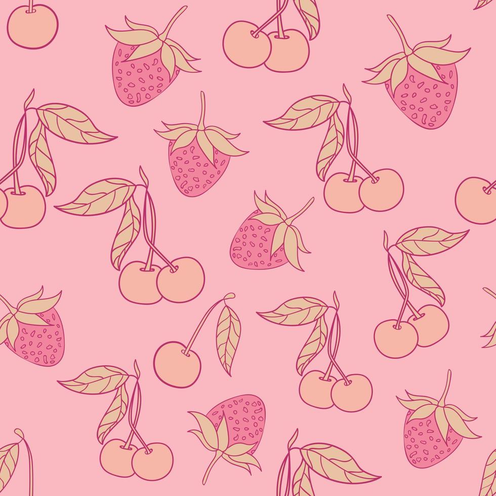 Cherry and strawberry seamless pattern design. Beautifull tropical berries seamless pattern design. Tropical fruites and leaves seamless pattern background. vector