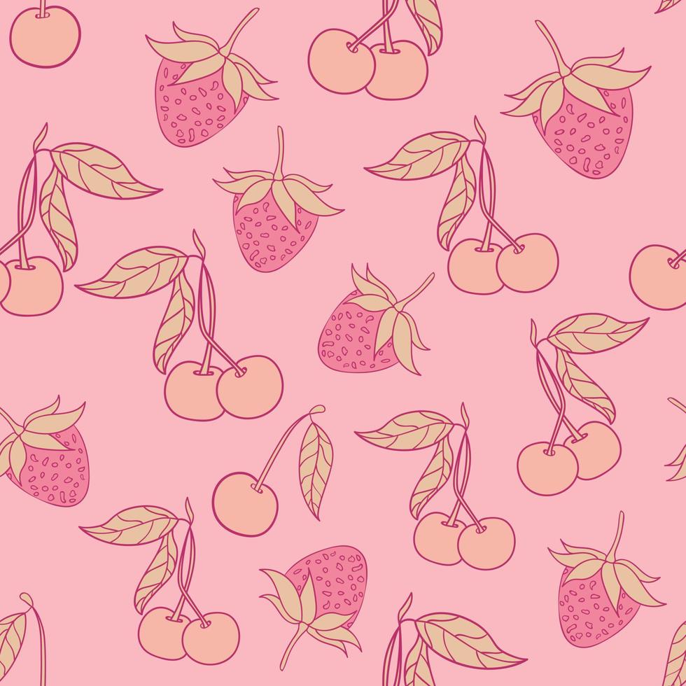 diseño de patrones sin fisuras de cereza y fresa. hermoso diseño de patrones sin fisuras de bayas tropicales. frutas tropicales y hojas de fondo transparente. vector