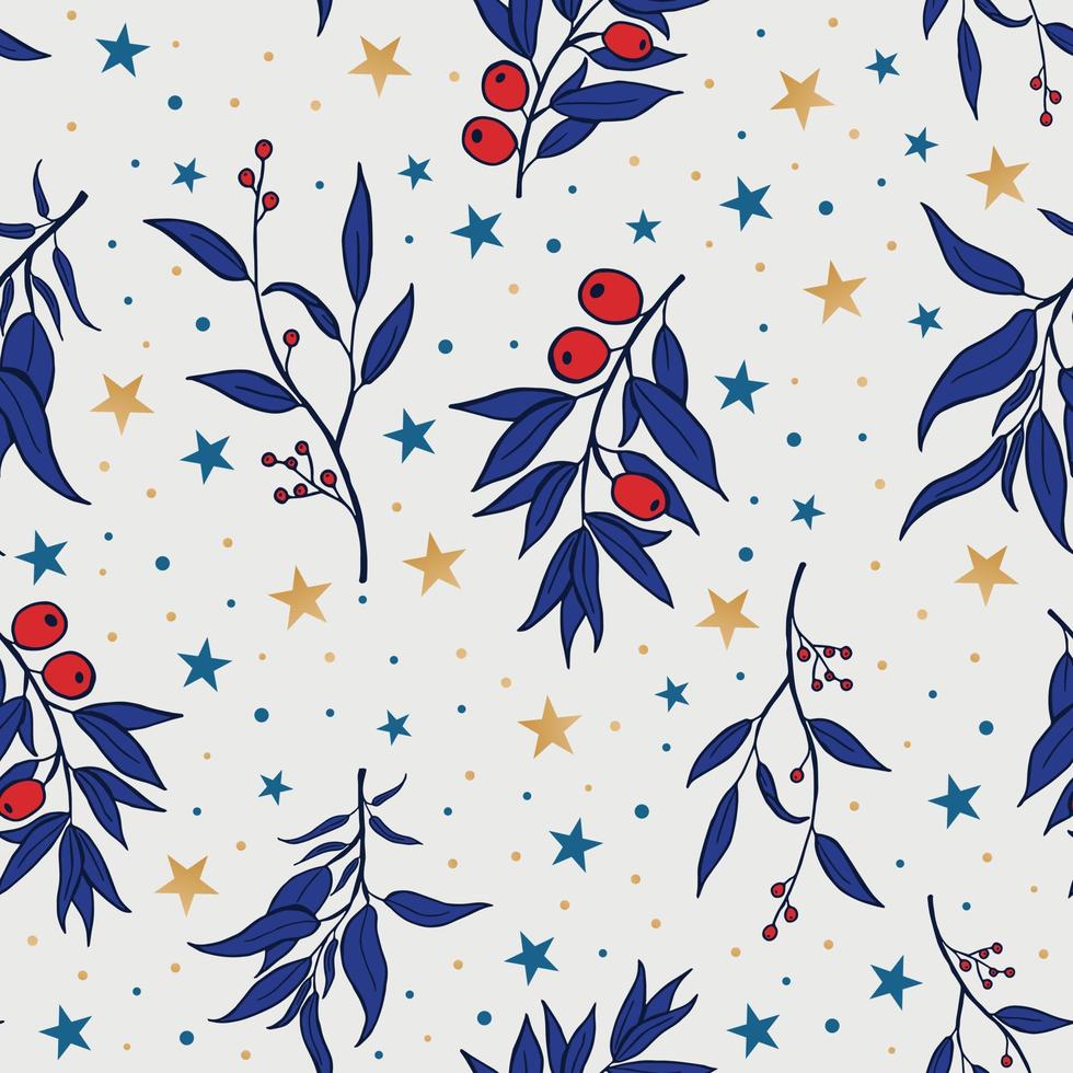Seamless Christmas pattern with spruce branches. berries and stars. Vector illustration.