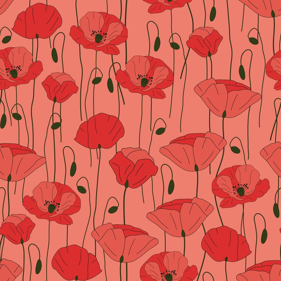 Modern wild flowers seamless pattern design. Seamless pattern with spring poppy flowers and leaves. Hand drawn background. floral pattern for wallpaper or fabric. Botanic Tile. vector
