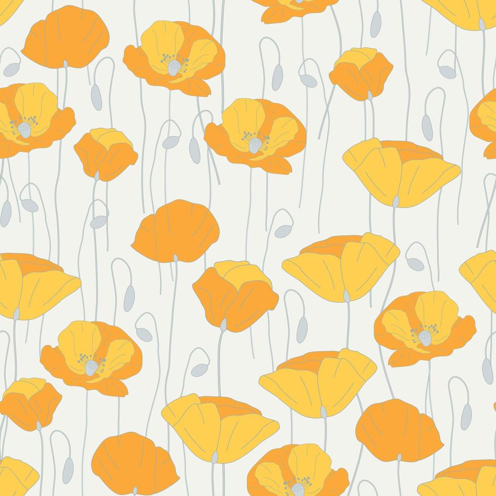 Modern wild flowers seamless pattern design. Seamless pattern with spring poppy flowers and leaves. Hand drawn background. floral pattern for wallpaper or fabric. Botanic Tile. vector