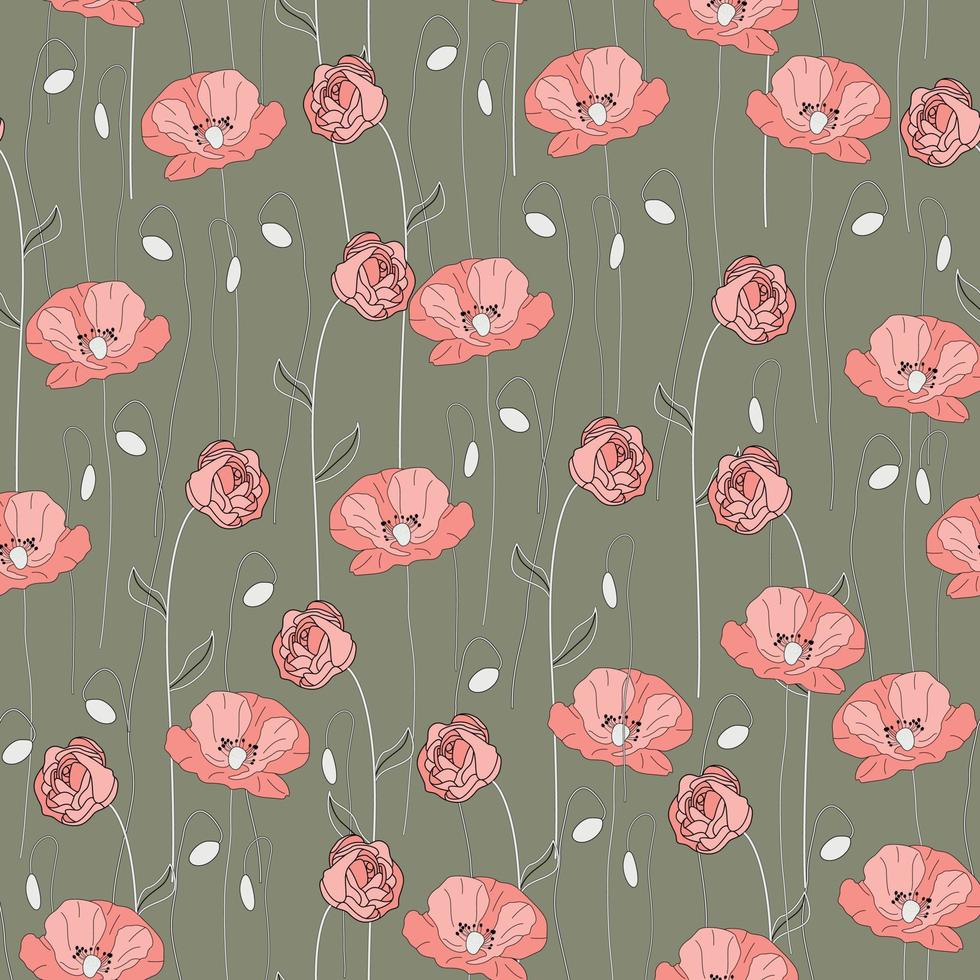 Modern wild flowers seamless pattern design. Seamless pattern with spring poppy flowers and leaves. Hand drawn background. floral pattern for wallpaper or fabric. Botanic Tile. vector