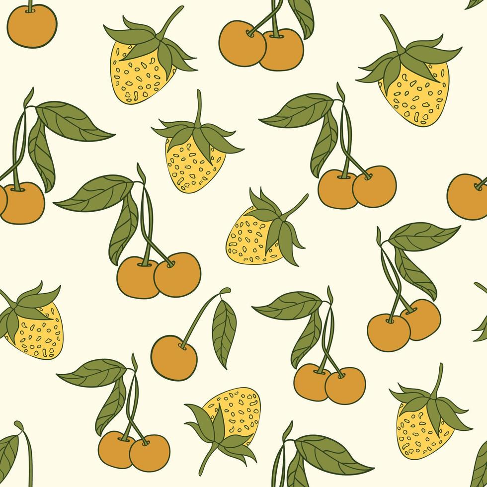 Cherry and strawberry seamless pattern design. Beautifull tropical berries seamless pattern design. Tropical fruites and leaves seamless pattern background. vector